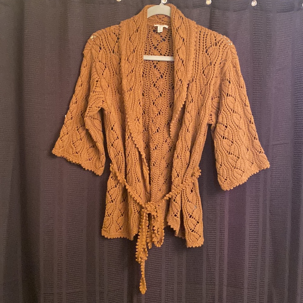 J.Jill Open Front Belted Crochet Cardigan